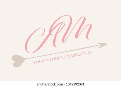 AM wedding signature monogram.Calligraphic lettering icon in rose color.Typographic logo with romantic, feminine script letter a and letter m.Handwritten initials and arrow with heart shape. 