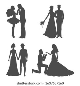 Wedding silhouette black picture of bride and bridegroom holding hands vector illustration. Silhoette of newly married couple isolated on white. Decor for wallpaper, valentine s day.