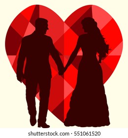 wedding silhouette of bride and groom on a background of red hearts