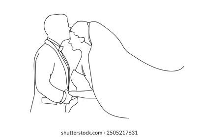 Wedding silhouette figures of newlyweds. Ceremony wedding day. Romantic elegance concept. Bride and groom Line Art. Back view. Heart Shape. Vector illustration. 