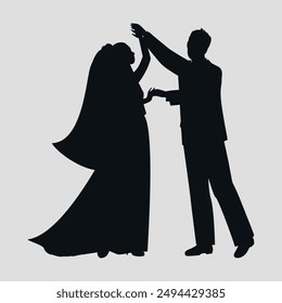 Wedding silhouette of a man and a woman. Wedding silhouette of a man and a woman. The couple is dancing. Vector on a gray background. Vector on a gray background