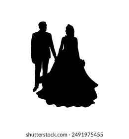 wedding silhouette of man and woman hand in hand back view vector