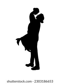 Wedding silhouette print. Groom and bride love couple vector icon. Black simple people shape, engraving design.