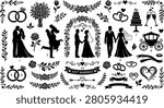 Wedding silhouette vector element bundle featuring bride and groom couples floral arches rings cake carriage and romantic marriage graphic decorations