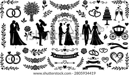 Wedding silhouette vector element bundle featuring bride and groom couples floral arches rings cake carriage and romantic marriage graphic decorations