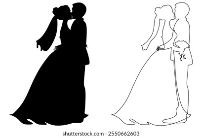 Wedding silhouettes bride and groom, happy wedding vector