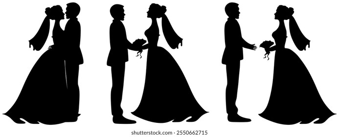 Wedding silhouettes bride and groom, happy wedding. vector isolated on white background