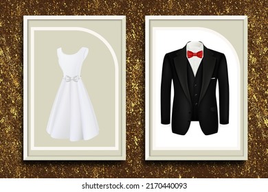 Wedding silhouettes of the bride and groom in profile. A postcard template on a golden background.