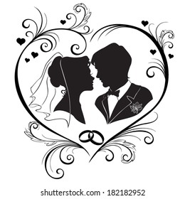 Wedding silhouettes in the hear frame isolated on white background. Vector Illustration 
