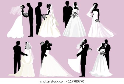 Wedding silhouettes. Vector bride and groom silhouettes.