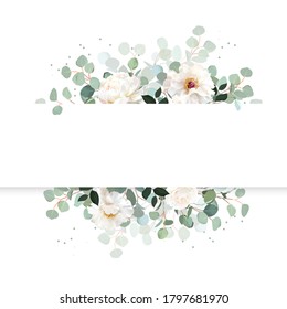 Wedding silver colored eucalyptus horizontal vector design banner. White rose, peony flower. Rustic greenery. Mint, blue tones. Simple watercolor style frame. Mediterranean tree. Isolated and editable