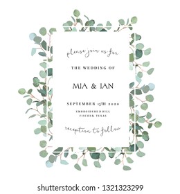 Wedding silver dollar eucalyptus vertical vector design card. Rustic greenery. Mint, blue tones. Watercolor style frame. Mediterranean tree. All elements are isolated and editable