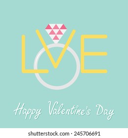 Wedding silver ring with polygonal pink diamond. Word love Flat design Happy Valentines day Vector illustration