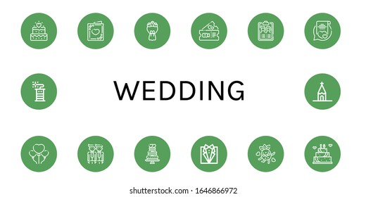 wedding simple icons set. Contains such icons as Wedding, Wedding card, Bouquet, Romantic, Guest list, Vows, Love, Groom, cake, Tuxedo, can be used for web, mobile and logo