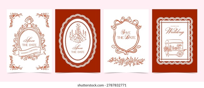 Wedding sketch card vector set with lace invitation styling, ceremony badge, banquet table illustration, and floral wreath details.