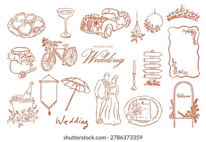 Wedding sketch element vector set with car, bicycle, banner, menu, couple icons, drinks, and floral ceremony details in hand drawn style.