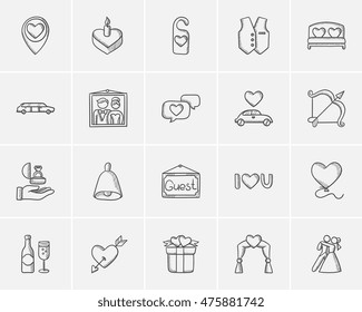 Wedding sketch icon set for web, mobile and infographics. Hand drawn wedding icon set. Wedding vector icon set. Wedding icon set isolated on white background.