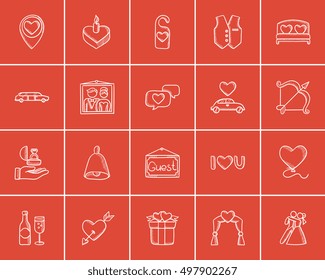 Wedding sketch icon set for web, mobile and infographics. Hand drawn wedding icon set. Wedding vector icon set. Wedding icon set isolated on red background.