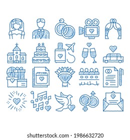 Wedding sketch icon vector. Hand drawn blue doodle line art Bride And Groom, Rings And Limousine Wedding Elements Pictograms. Church And Arch, Fireworks And Dancing Illustrations