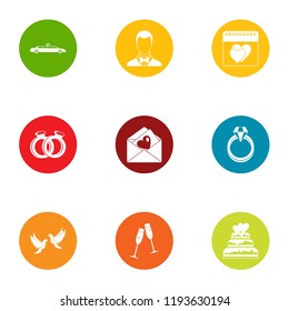Wedding solemnity icons set. Flat set of 9 wedding solemnity vector icons for web isolated on white background