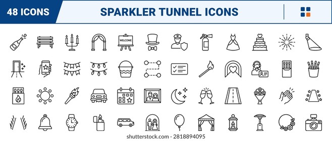 Wedding sparkler exit celebration send off line icon set covering tunnel, night, event, and party concepts, thin linear illustration.
