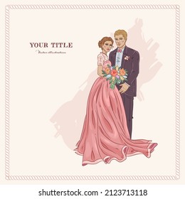 Wedding square banner design template. Cute young married couple. Fashion beautiful bride with bouquet and handsome groom in stylish suit. Hand drawn vector illustration