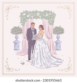 Wedding square banner design template. Cute young married couple fashion beautiful bride with bouquet. Hand drawn vector illustration