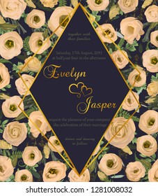 Wedding square floral invitation, invite card. Vector watercolor set green forest fern, herbs, brunia, eucalyptus, branches boxwood, buxus and flowers eustoma cream. Botanical decorative rhomb frame