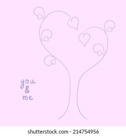 Wedding or St Valentine`s day invitation or greeting card with stylized tree and leaves in the shape oh hearts on it and space for you text