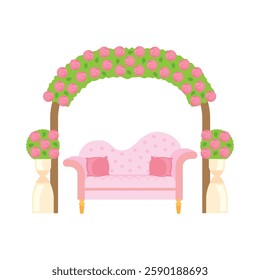 Wedding stage with a floral canopy and seating area