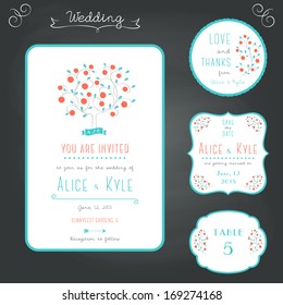 Wedding Stationary Typography Style Set in Turquoise and Coral 