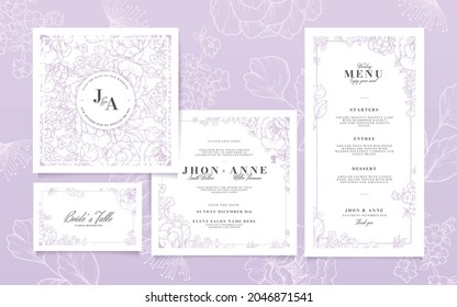Wedding Stationery Collection Vector, Set Or Card With Flowers, Purple Floral Card, Decorative Flower Illustration.