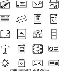 Conjunto de ícone de papelaria de casamento - Ilustração vetorial de convite, Papelaria de fotografia Contorno Symbols.eps