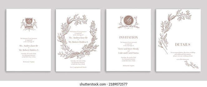 Wedding stationery ornamental cards concept. Graphic floral elements. Handwritten calligraphic style. Elegant invitatin wedding templates with wreaths