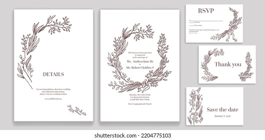 Wedding stationery ornamental cards concept. Graphic floral elements. Handwritten calligraphic style. Elegant invitatin wedding templates with wreaths