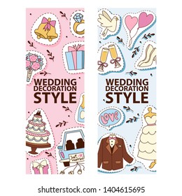 Wedding stickers banners vector illustration. Wedding decoration style. Cakes, outfits for bride and groom, jacket, white dress, shoes, bunch of flowers, ring, car with just maried text patches.