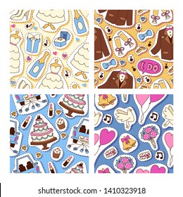 Wedding stickers seamless pattern vector illustration. Wedding patches, cakes, outfits for bride and groom, jacket bow white dress shoes cupcakes, bunch of flowers, ring, champagne. I do.