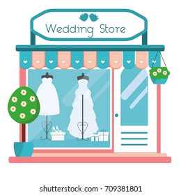 Wedding store facade view. Wedding salon building icon. Boutique shop with fashionable bridal dresses. Vector illustration