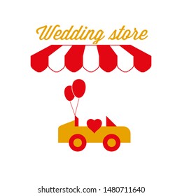 Wedding Store Sign, Emblem. Red and White Striped Awning Tent. Limo Rental. Gold and Red Colors. Flat Vector Illustration.