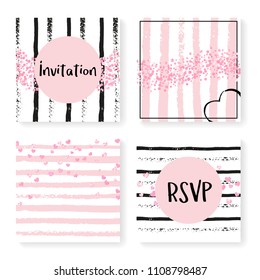 Wedding stripes with glitter confetti. Invitation set. Pink hearts and dots on black and pink background. Template with wedding stripes for party, event, bridal shower, save the date card.