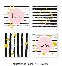 Wedding stripes with glitter confetti. Invitation set. Gold hearts and dots on black and white background. Design with wedding stripes for party, event, bridal shower, save the date card.