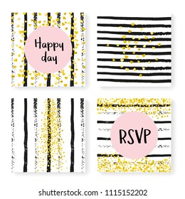 Wedding stripes with glitter confetti. Invitation set. Gold hearts and dots on black and white background. Template with wedding stripes for party, event, bridal shower, save the date card.