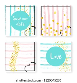 Wedding stripes with glitter confetti. Invitation set. Gold hearts and dots on pink and mint background. Design with wedding stripes for party, event, bridal shower, save the date card.
