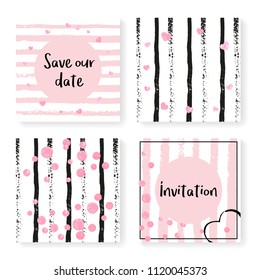 Wedding stripes with glitter confetti. Invitation set. Pink hearts and dots on black and pink background. Design with wedding stripes for party, event, bridal shower, save the date card.