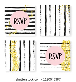 Wedding stripes with glitter confetti. Invitation set. Gold hearts and dots on black and white background. Design with wedding stripes for party, event, bridal shower, save the date card.