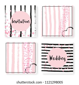 Wedding stripes with glitter confetti. Invitation set. Pink hearts and dots on black and pink background. Design with wedding stripes for party, event, bridal shower, save the date card.