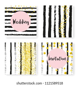 Wedding stripes with glitter confetti. Invitation set. Gold hearts and dots on black and white background. Design with wedding stripes for party, event, bridal shower, save the date card.