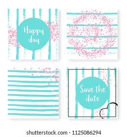 Wedding stripes with glitter confetti. Invitation set. Pink hearts and dots on mint and white background. Design with wedding stripes for party, event, bridal shower, save the date card.