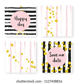 Wedding stripes with glitter confetti. Invitation set. Gold hearts and dots on black and pink background. Design with wedding stripes for party, event, bridal shower, save the date card.