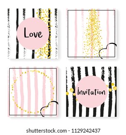 Wedding stripes with glitter confetti. Invitation set. Gold hearts and dots on black and pink background. Design with wedding stripes for party, event, bridal shower, save the date card.
